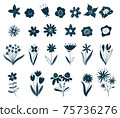 Scandinavian flower elements. Doodle plants, leaves flowers and branches vector set. Wildflowers. Floral elements for your design. Vector illustration. Black silhouettes of summer and spring flowers. 75736276