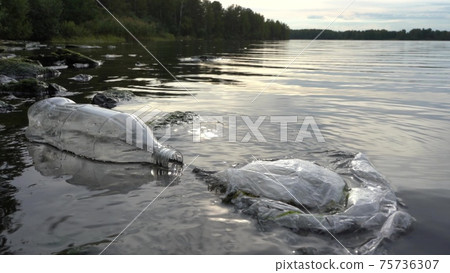 Plastic Bottle and Package floating near the shore of the Lake. Concept: Pollution of the Planet 75736307