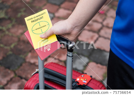 Traveller pulling luggage with conceptual Covid-19 Immunity Passport on hand Traveller pulling luggage with conceptual Covid-19 Immunity Passport on hand 75736654