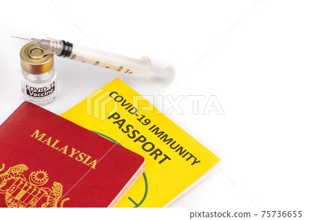 Concept of Covid-19 Immunity Passport for travel with vial and syringe Concept of Covid-19 Immunity Passport for travel with vial and syringe 75736655