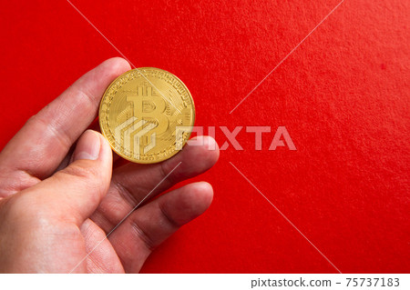 Hand holding a bitcoin on red background Hand holding a bitcoin on red background 75737183