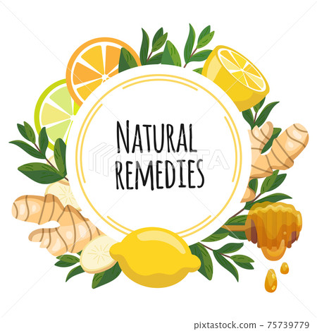 Natural remedies frame banner. Lemon, ginger, honey, mint for cough remedy 75739779