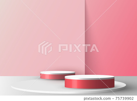 3D realistic empty red and white round pedestal mockup on soft pink backdrop 3D realistic empty red and white round pedestal mockup on soft pink backdrop 75739902