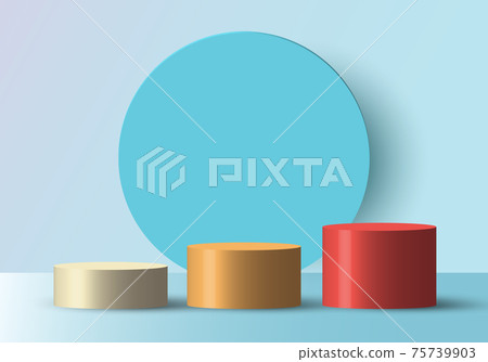 3D realistic empty white, yellow, red round step pedestal mockup with blue circle backdrop 75739903