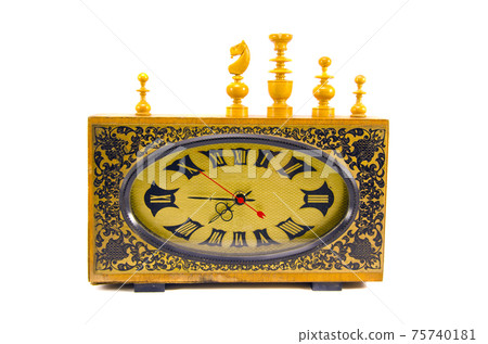 ancient clock and vintage chess figures on white 75740181