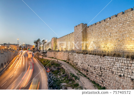 Jerusalem Old City Walls at Night at Jaffa Gate Jerusalem Old City Walls at Night at Jaffa Gate 75740572