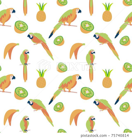 Seamless pattern with parrot, banana and kiwi on white background Flat illustration 75740814