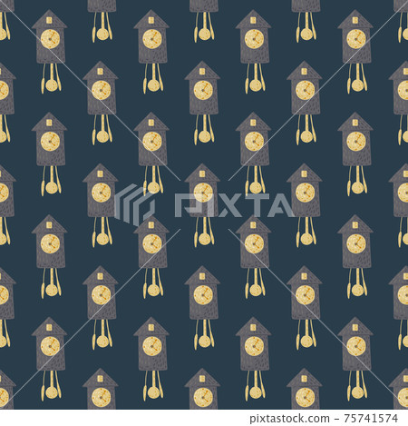 Dark time seamless pattern with little abstract cuckoo clock silhouettes. Navy blue background. Retro style. Dark time seamless pattern with little abstract cuckoo clock silhouettes. Navy blue background. Retro style. 75741574