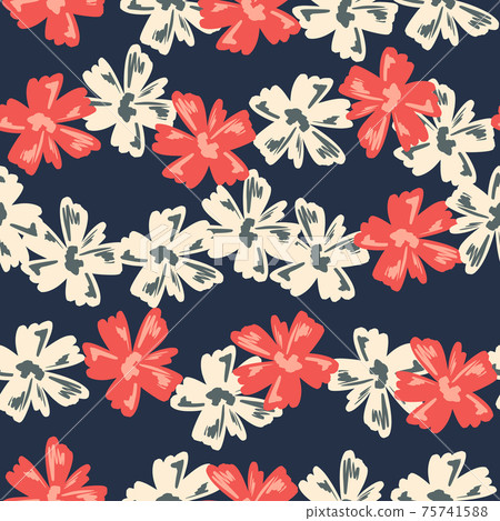 Random botanical seamless pattern with white and pink colored abstract flower print. Navy blue background. Random botanical seamless pattern with white and pink colored abstract flower print. Navy blue background. 75741588