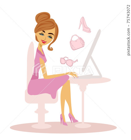 happy beautiful girl shopping online - isolated illustration 75743072