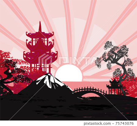 abstract Chinese landscape, illustration of a sunset 75743076