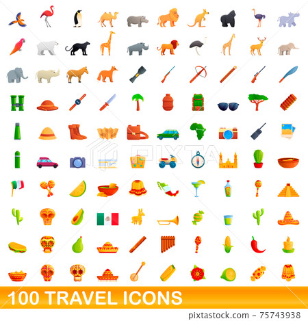 100 travel icons set, cartoon style 100 travel icons set, cartoon style 75743938