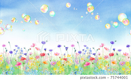 肥皂泡飛行和各種各樣的花盛開的春天領域的水彩例證盛開。橫幅背景。 75744001