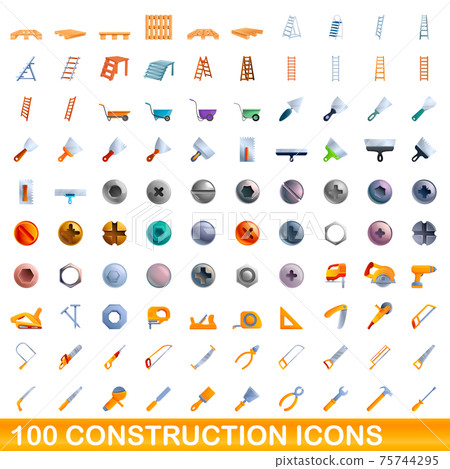 100 construction icons set, cartoon style 100 construction icons set, cartoon style 75744295