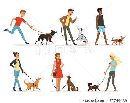 Animal friendship. Happy people walking with funny dogs. Illustrations in cartoon style 75744489