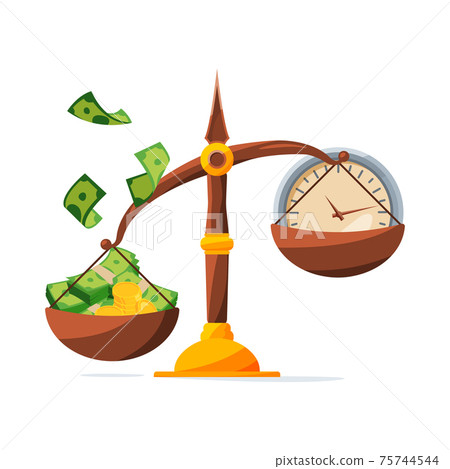 Save your money. Clock and money on scales. Investment concept Save your money. Clock and money on scales. Investment concept 75744544
