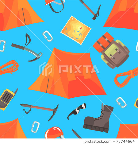 Alpinism and Mountaineering Seamless Pattern, Mountain Climbing and Adventure Endless Repeating Print Can be Used for Background, Wallpaper, Textile, Packaging Design Vector Illustration 75744664