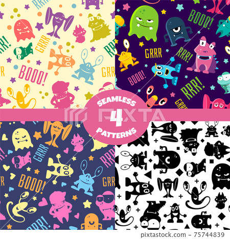 Seamless patterns set with cute cartoon monsters - Stock Illustration ...