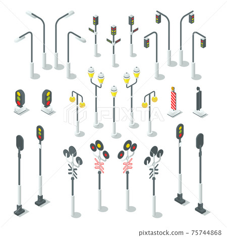 Isometric traffic light, street lamps. Urban illustration 75744868