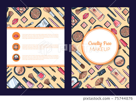 card, flyer, brochure template for beauty brand, presentation with hand drawn makeup background 75744876