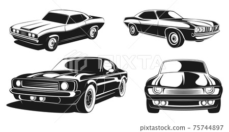 Monochrome illustration set of retro muscle cars. Black 75744897