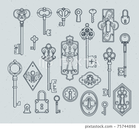 Vintage keys and padlocks for medieval doors. Hand drawn illustrations Vintage keys and padlocks for medieval doors. Hand drawn illustrations 75744898