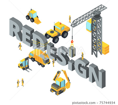 Concept illustration with big isometric letters and words. Construction stage with different technics Concept illustration with big isometric letters and words. Construction stage with different technics 75744934