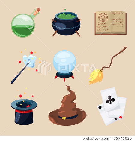 Different symbols of wizards and magicians. Mystery book, magic parchment and wand. icons set in cartoon style 75745020