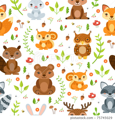 seamless pattern of forest animals and summer plants seamless pattern of forest animals and summer plants 75745029