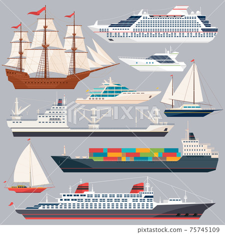Sea transportation. illustrations of ships and different boats. Flat style pictures Sea transportation. illustrations of ships and different boats. Flat style pictures 75745109