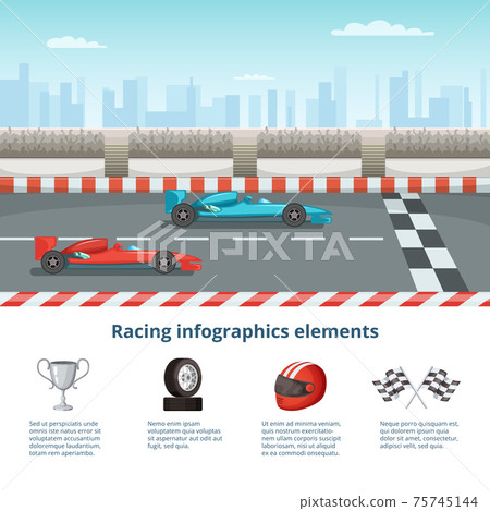 Sport infographic with race cars of formula 1. Different cars and driver tools 75745144