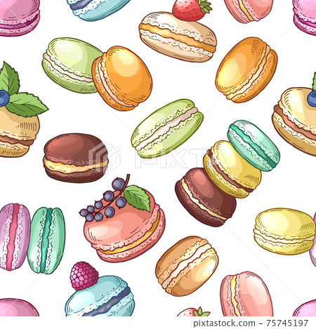 Delicious food of france. Colored macaroons set. seamless pattern 75745197