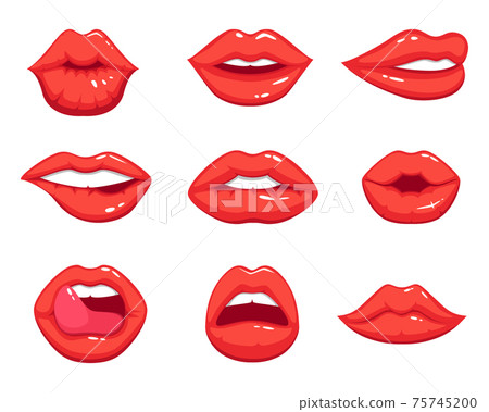 Makeup illustrations in cartoon style. Beautiful smiling sexy female lips 75745200
