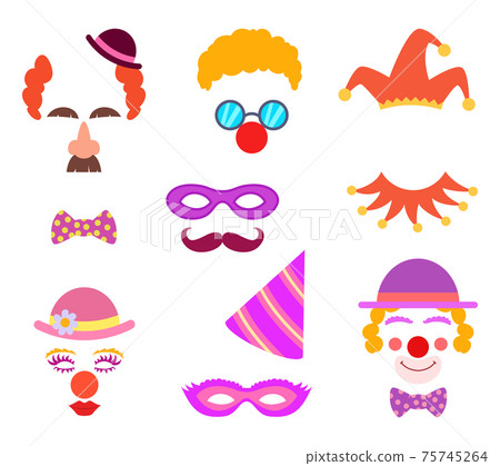 Scrapbook elements. Circus or party costumes and clown glasses and hairs Scrapbook elements. Circus or party costumes and clown glasses and hairs 75745264