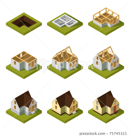 Visualization of modern building on different construction stages. Isometric illustration 75745321