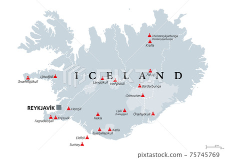 Volcanoes of Iceland that erupted since human settlement, political map. Eighteen volcanoes shown on gray map of Iceland, with glaciers and regions. Isolated illustration on white background. Vector. 75745769