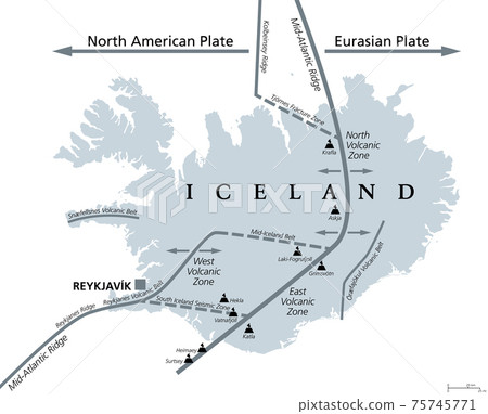 Geology of Iceland, gray political map. Iceland lies on the divergent boundary between Eurasian plate and North American plate. Map with volcanic zones and belts, ridges and main volcanoes. Vector. Geology of Iceland, gray political map. Iceland lies on the divergent boundary between Eurasian plate and North American plate. Map with volcanic zones and belts, ridges and main volcanoes. Vector. 75745771