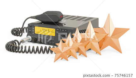 Customer rating of amateur radio transceiver with push-to-talk microphone switch. 3D rendering 75746157