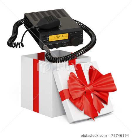 Amateur radio transceiver with push-to-talk microphone switch inside gift box, present concept. 3D rendering 75746194