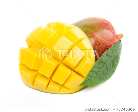 Closeup ripe mango fruit slice with green leaves isolated on white Closeup ripe mango fruit slice with green leaves isolated on white 75746309