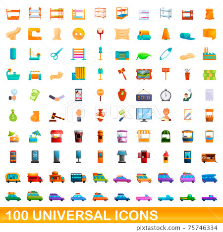 100 universal icons set, cartoon style 75746334