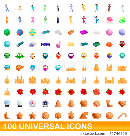 100 universal icons set, cartoon style 75746339
