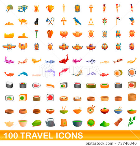 100 travel icons set, cartoon style 75746340