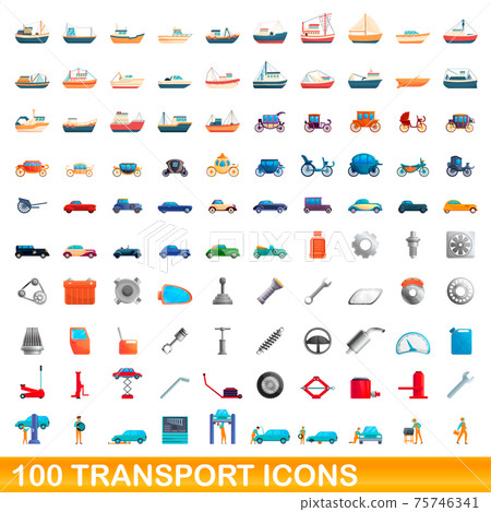 100 transport icons set, cartoon style 75746341