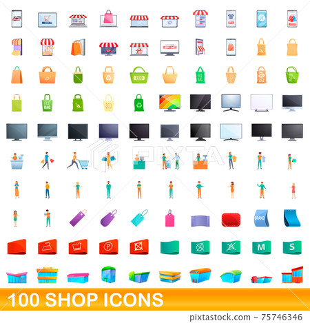 100 shop icons set, cartoon style 100 shop icons set, cartoon style 75746346