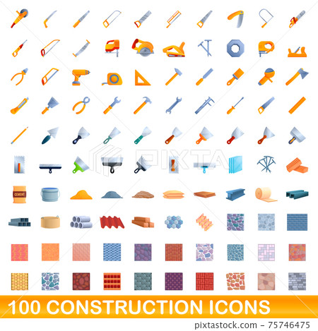 100 construction icons set, cartoon style 75746475
