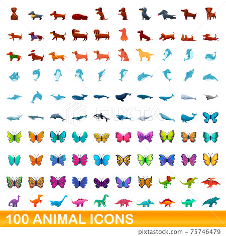 100 animal icons set, cartoon style 75746479
