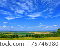Picturesque summer cloudscape over fields, meadows, forests, roads, villages and settlements on far background 75746980