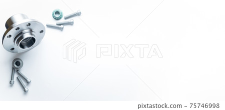 Car accessories. Set of new metal car part. Auto motor mechanic spare or automotive piece isolated on white banner background. Technology of mechanical gear with space for text. Car accessories. Set of new metal car part. Auto motor mechanic spare or automotive piece isolated on white banner background. Technology of mechanical gear with space for text. 75746998