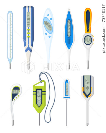Thermometer icon set. Measuring body temperature in vector. Electronic thermometer main prevention coronavirus. Cartoon set of vector icons for web design isolated on white background 75748117
